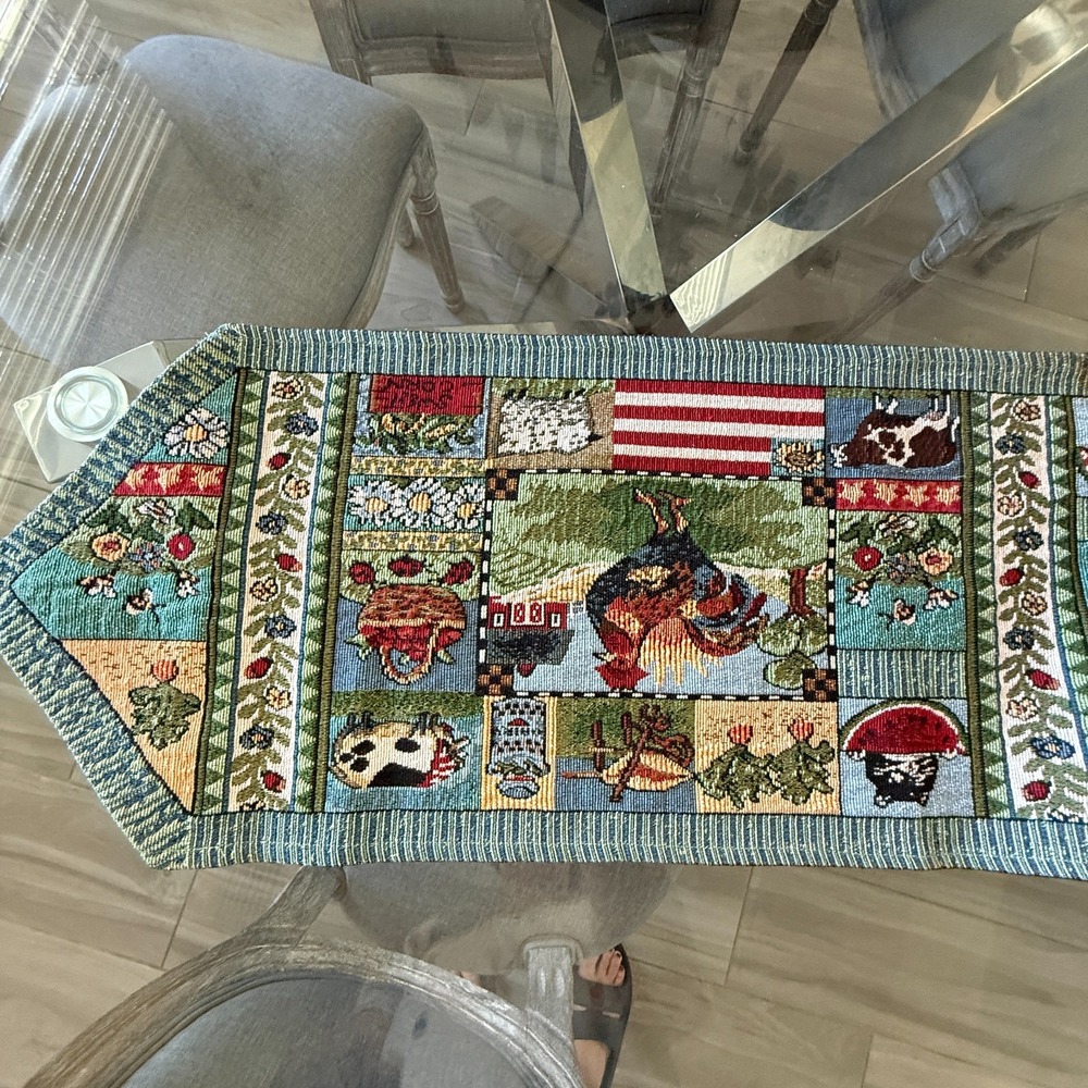 Vintage‎ 12" X 67" Table Runner Farm Floral Cat America Barn Cow Apples Rooster - Picture 7 of 13